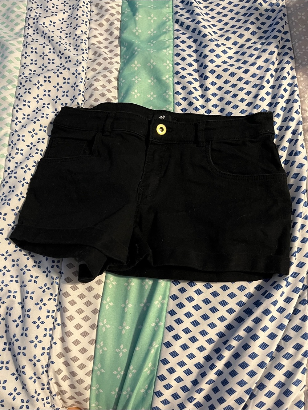 H&M Black Denim Jean Shorts with Gold Button